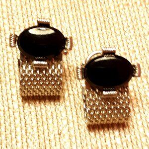 Silver-Tone Lisa Mesh Wrap Cufflinks Black Oval Stones Toggle Closure